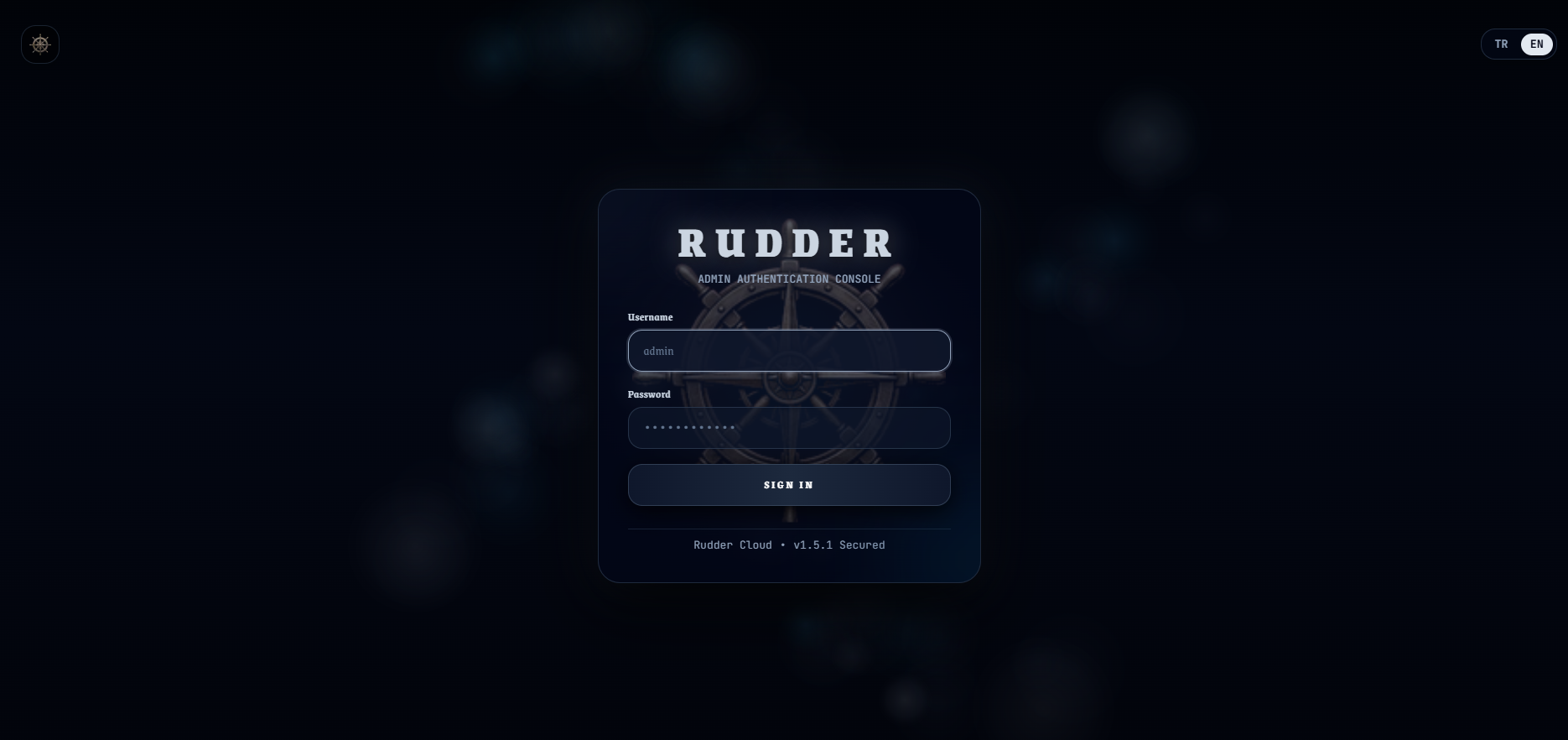 Rudder Cloud, dümen temalı yönetici giriş ekranı
